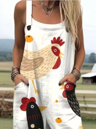 Women Animal Square Neck Gallus Casual Summer Cotton And Linen Jumpsuits