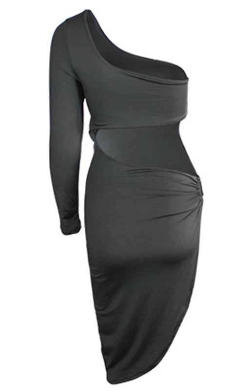 Womens One Shoulder Long Sleeve Sexy Cutout Slit Dress SIZE S-XL