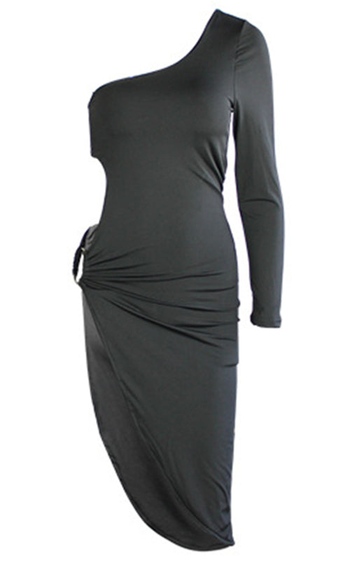 Womens One Shoulder Long Sleeve Sexy Cutout Slit Dress SIZE S-XL