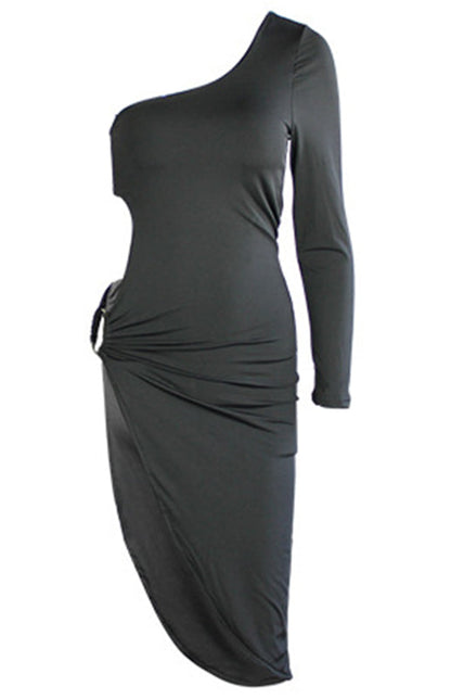 Womens One Shoulder Long Sleeve Sexy Cutout Slit Dress SIZE S-XL