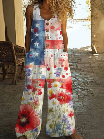 Women Floral Crew Neck Sleeveless Casual Summer Cotton Jumpsuit
