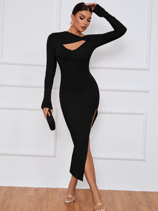 Womens Long Sleeve Angled Neckline Dress SIZE S-XL