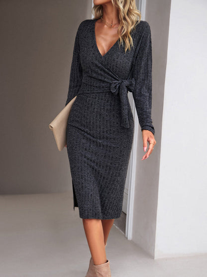 Womens Fashion V Neck Long Sleeve Knitted Tie Dress SIZE S-XL