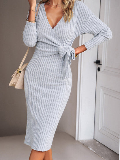 Womens Fashion V Neck Long Sleeve Knitted Tie Dress SIZE S-XL