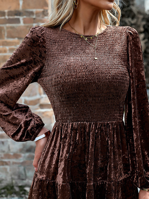 Womens Elegant Round Neck Velvet Dress SIZE S-XL
