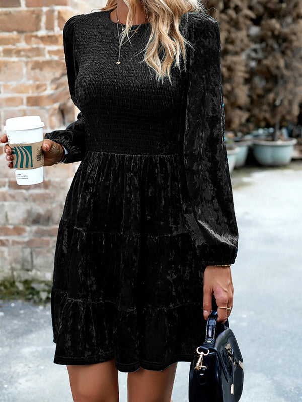 Womens Elegant Round Neck Velvet Dress SIZE S-XL