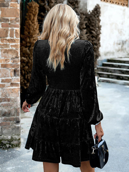 Womens Elegant Round Neck Velvet Dress SIZE S-XL