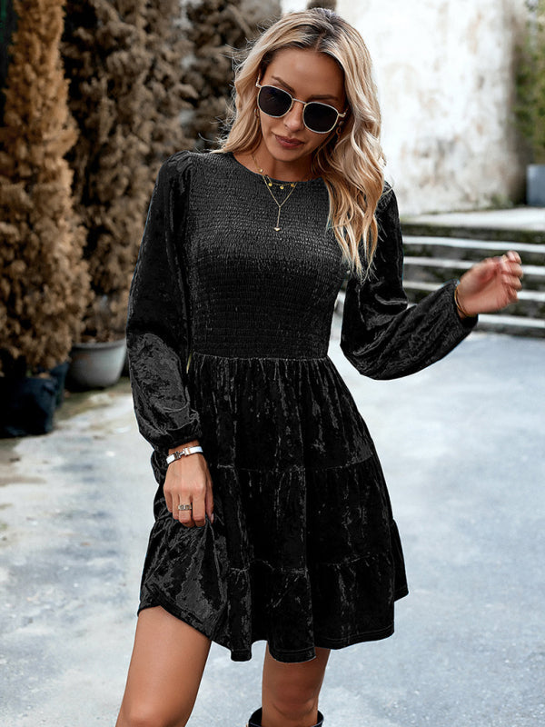 Womens Elegant Round Neck Velvet Dress SIZE S-XL