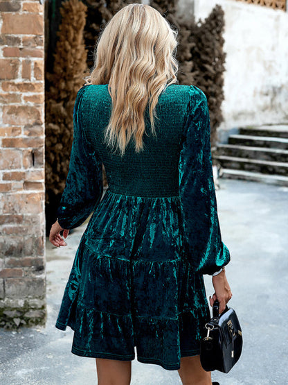 Womens Elegant Round Neck Velvet Dress SIZE S-XL
