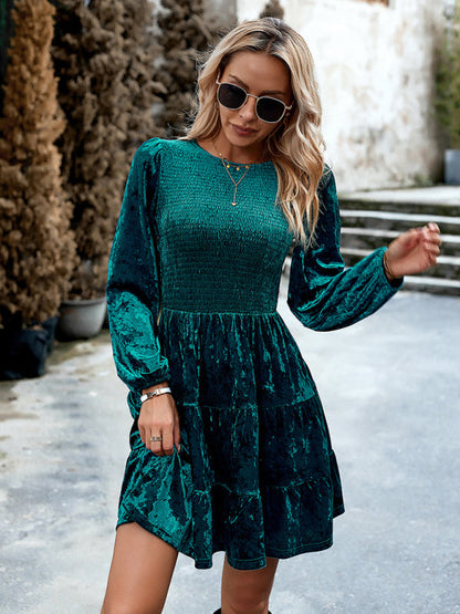 Womens Elegant Round Neck Velvet Dress SIZE S-XL