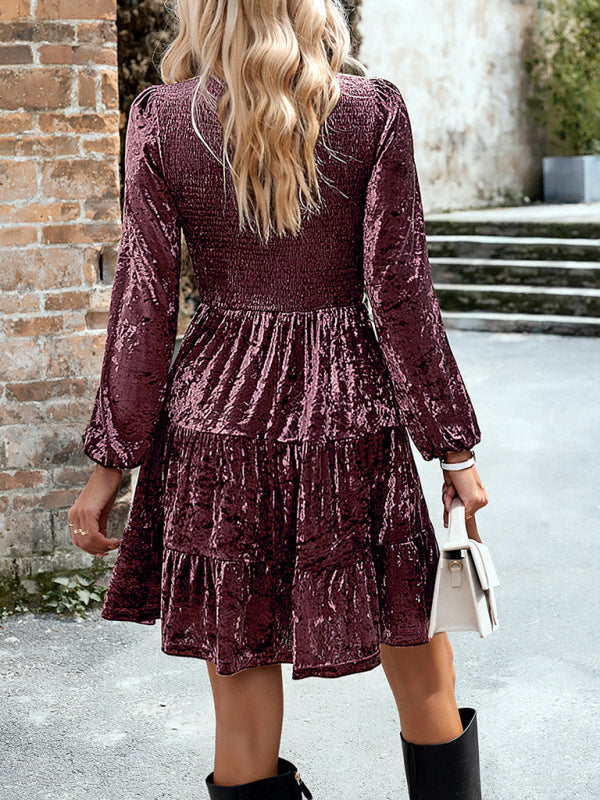 Womens Elegant Round Neck Velvet Dress SIZE S-XL